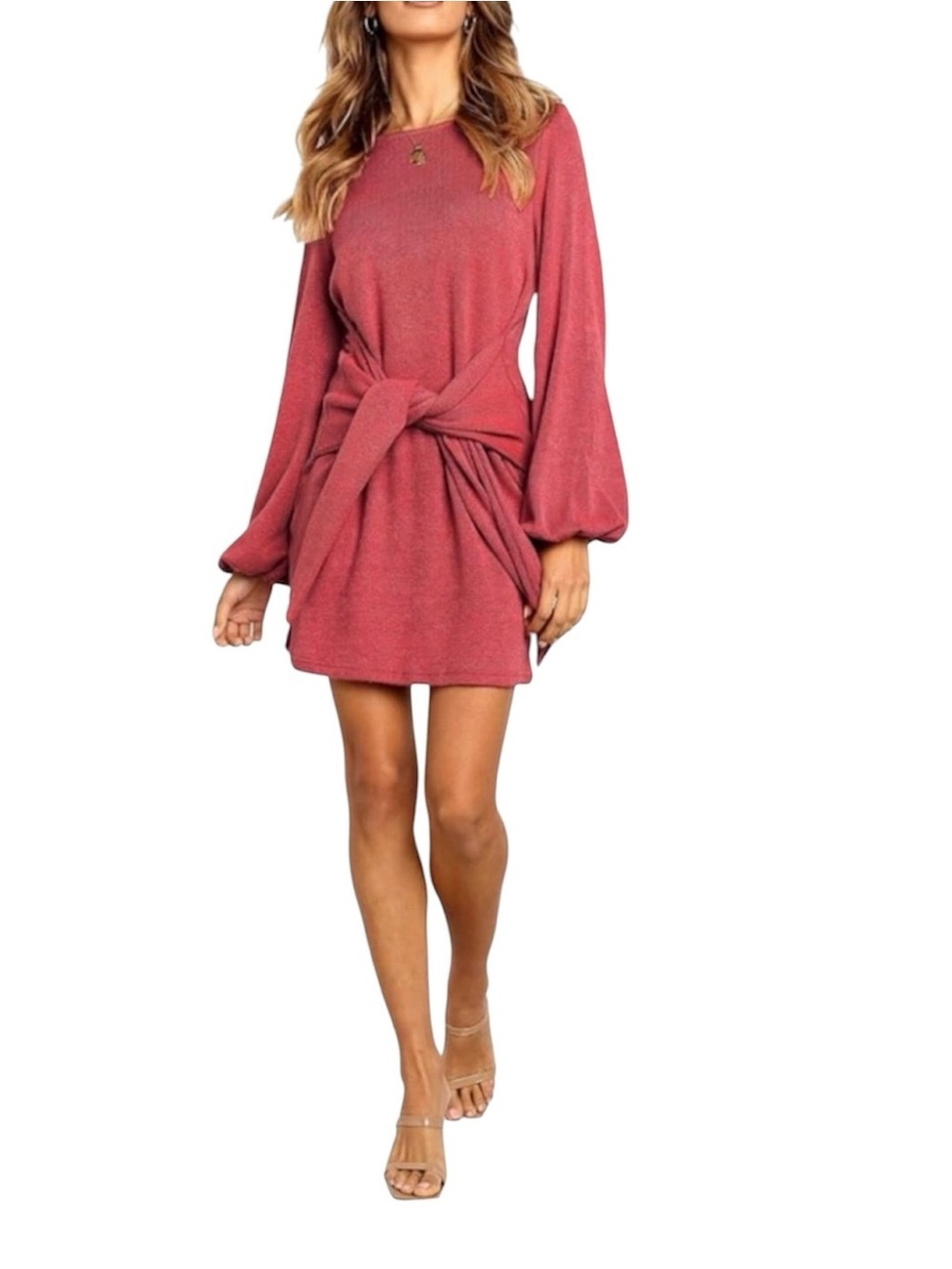 R. Vivimos Red Solid Knit Shift Dress Crew Neck Tie Balloon Long Sleeve S